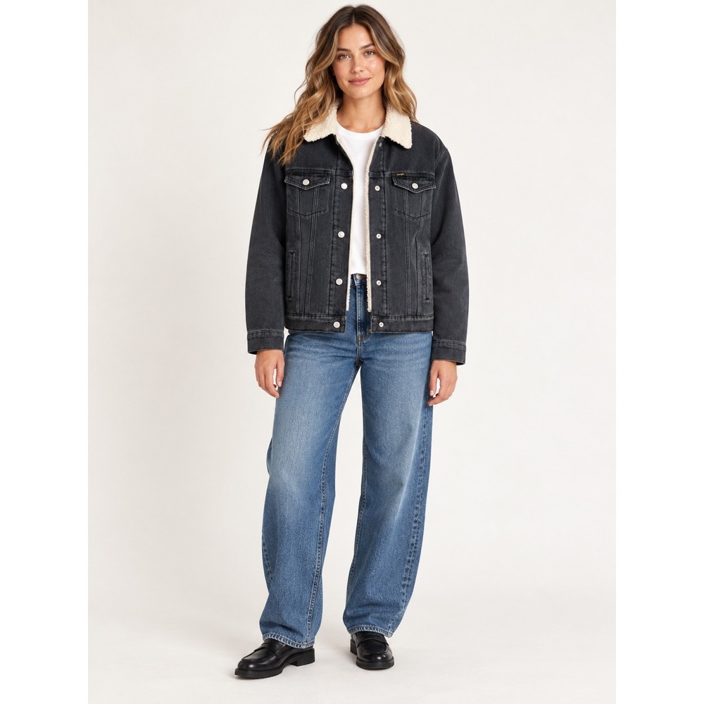 Wrangler Womens Faded Black Sherpa Lined Denim Trucker Jacket Size M